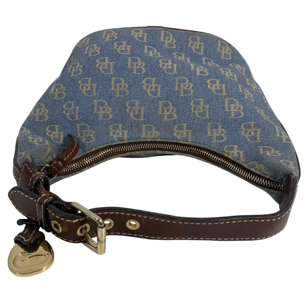 Dooney Bourke Blue Denim Jeans DB Logo Brown Leather Mini Hobo Bag Vintage Y2K